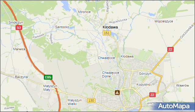 mapa Chwalęcice gmina Kłodawa, Chwalęcice gmina Kłodawa na mapie Targeo
