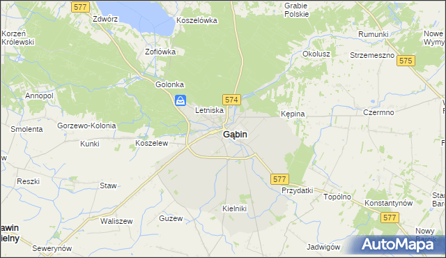 mapa Gąbin powiat płocki, Gąbin powiat płocki na mapie Targeo