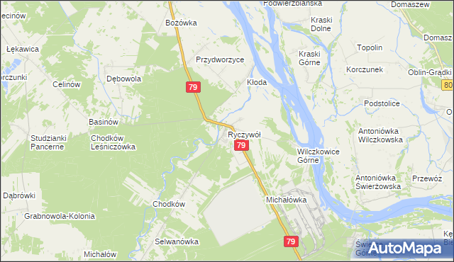 mapa Ryczywół gmina Kozienice, Ryczywół gmina Kozienice na mapie Targeo