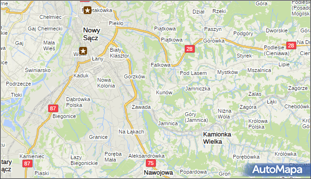 mapa Kunów gmina Chełmiec, Kunów gmina Chełmiec na mapie Targeo