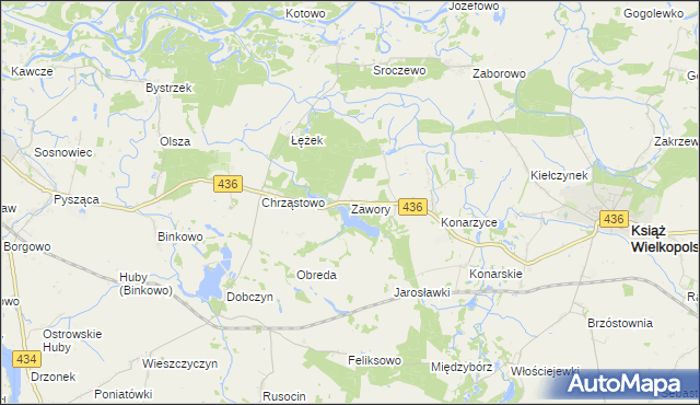 mapa Zawory gmina Książ Wielkopolski, Zawory gmina Książ Wielkopolski na mapie Targeo