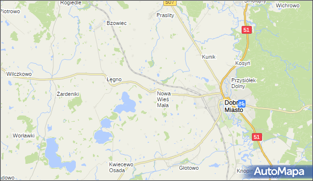 mapa Nowa Wieś Mała gmina Dobre Miasto, Nowa Wieś Mała gmina Dobre Miasto na mapie Targeo