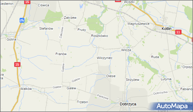 mapa Wilczyniec gmina Jarocin, Wilczyniec gmina Jarocin na mapie Targeo