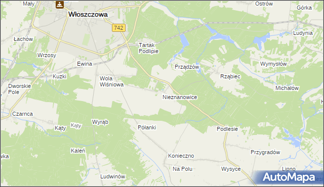 mapa Nieznanowice gmina Włoszczowa, Nieznanowice gmina Włoszczowa na mapie Targeo