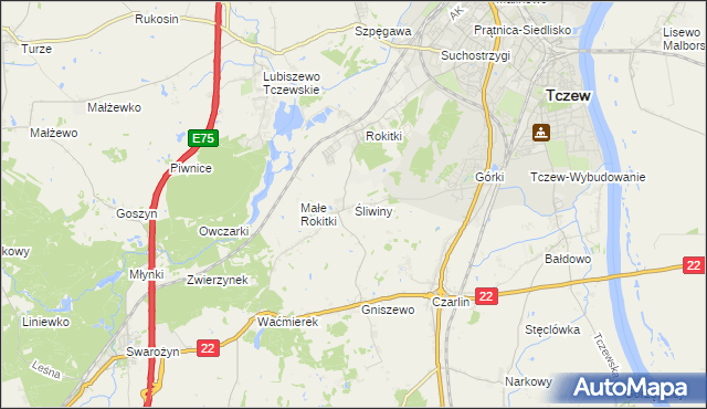 mapa Śliwiny gmina Tczew, Śliwiny gmina Tczew na mapie Targeo
