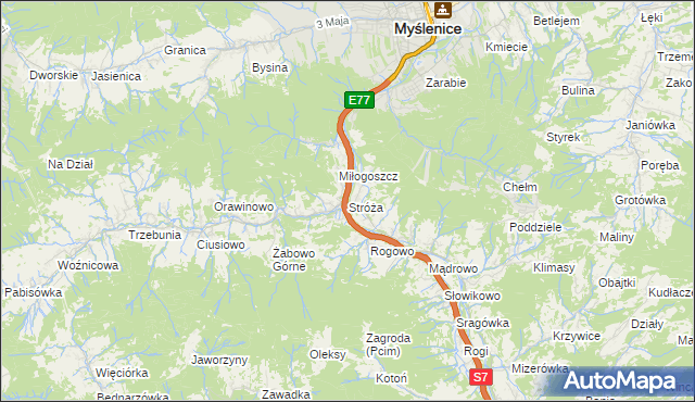 mapa Stróża gmina Pcim, Stróża gmina Pcim na mapie Targeo
