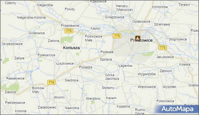 mapa Szklana gmina Proszowice, Szklana gmina Proszowice na mapie Targeo