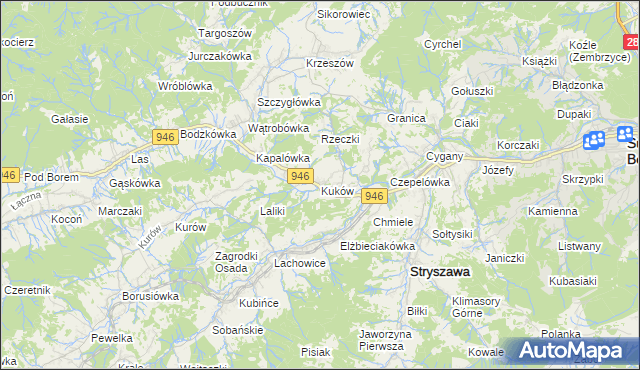 mapa Kuków gmina Stryszawa, Kuków gmina Stryszawa na mapie Targeo