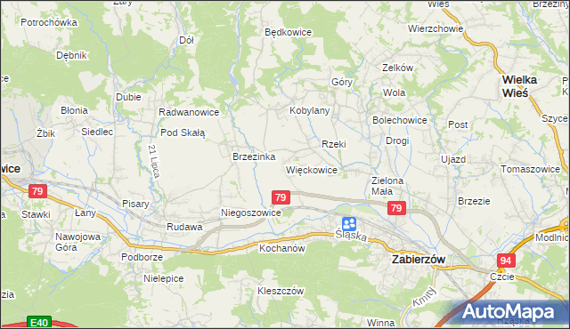 mapa Więckowice gmina Zabierzów, Więckowice gmina Zabierzów na mapie Targeo