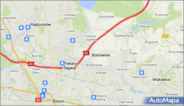mapa Bobrowniki powiat będziński, Bobrowniki powiat będziński na mapie Targeo