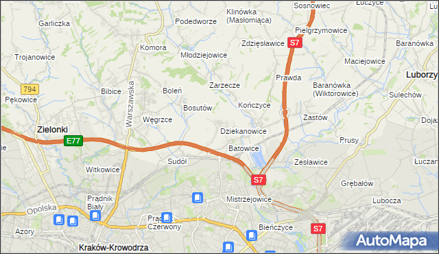 mapa Dziekanowice gmina Zielonki, Dziekanowice gmina Zielonki na mapie Targeo