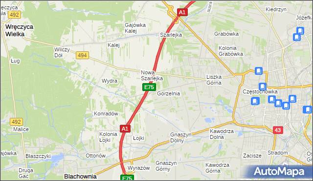 mapa Gorzelnia gmina Blachownia, Gorzelnia gmina Blachownia na mapie Targeo