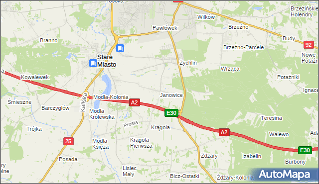 mapa Janowice gmina Stare Miasto, Janowice gmina Stare Miasto na mapie Targeo