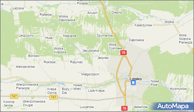 mapa Jelonek gmina Lipsko, Jelonek gmina Lipsko na mapie Targeo