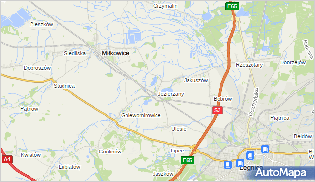 mapa Jezierzany gmina Miłkowice, Jezierzany gmina Miłkowice na mapie Targeo