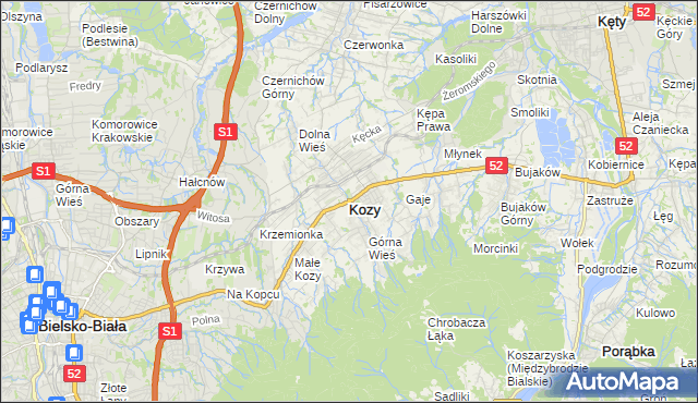 mapa Kozy powiat bielski, Kozy powiat bielski na mapie Targeo