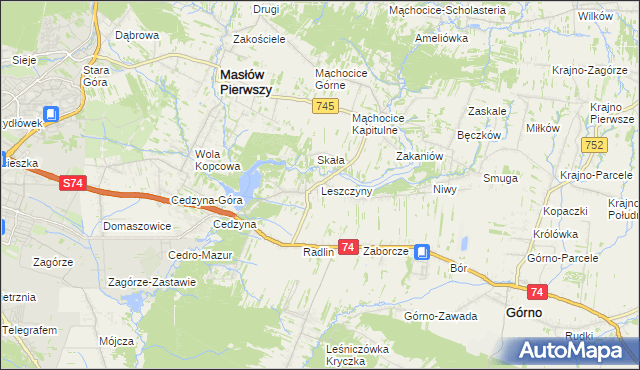 mapa Leszczyny gmina Górno, Leszczyny gmina Górno na mapie Targeo