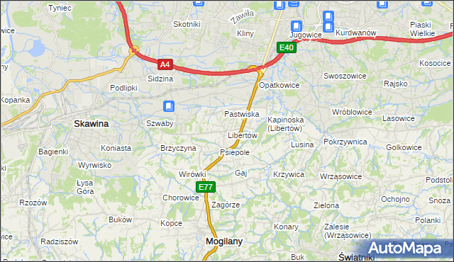 mapa Libertów gmina Mogilany, Libertów gmina Mogilany na mapie Targeo