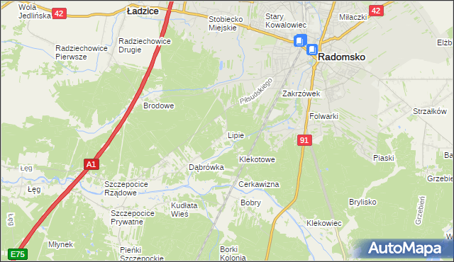 mapa Lipie gmina Radomsko, Lipie gmina Radomsko na mapie Targeo