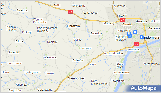 mapa Łojowice gmina Samborzec, Łojowice gmina Samborzec na mapie Targeo