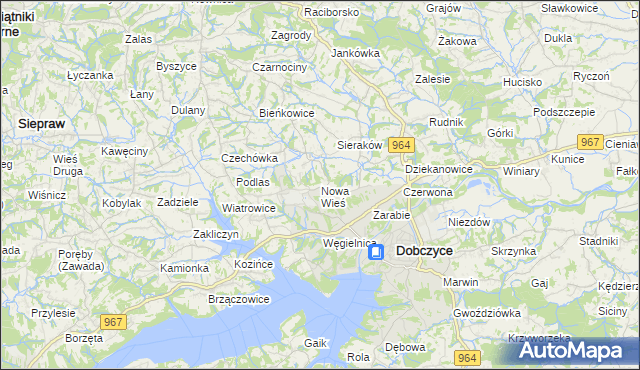 mapa Nowa Wieś gmina Dobczyce, Nowa Wieś gmina Dobczyce na mapie Targeo