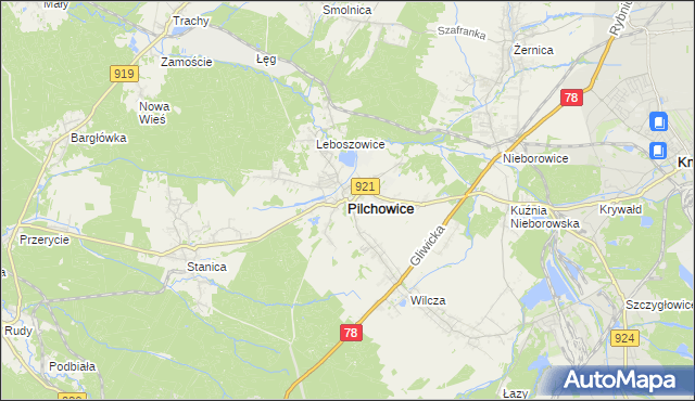 mapa Pilchowice powiat gliwicki, Pilchowice powiat gliwicki na mapie Targeo