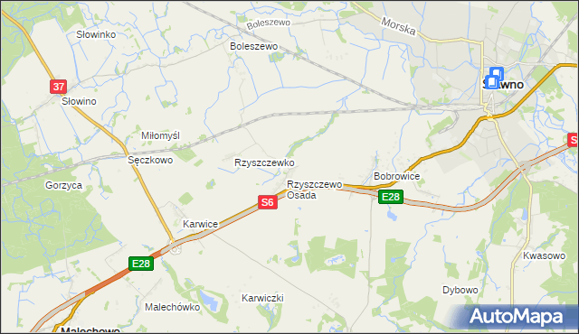 mapa Rzyszczewo gmina Sławno, Rzyszczewo gmina Sławno na mapie Targeo