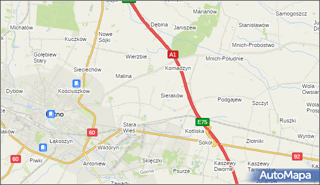 mapa Sieraków gmina Kutno, Sieraków gmina Kutno na mapie Targeo