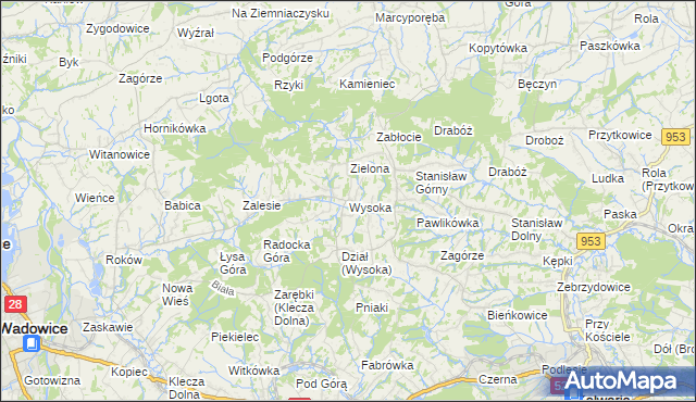 mapa Wysoka gmina Wadowice, Wysoka gmina Wadowice na mapie Targeo