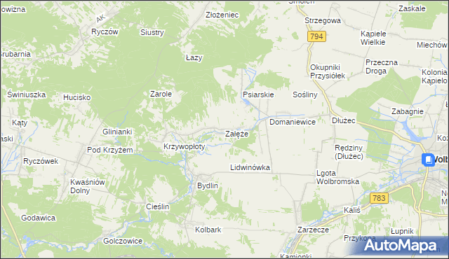 mapa Załęże gmina Wolbrom, Załęże gmina Wolbrom na mapie Targeo
