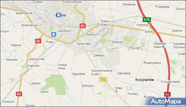 mapa Zawady gmina Krzyżanów, Zawady gmina Krzyżanów na mapie Targeo