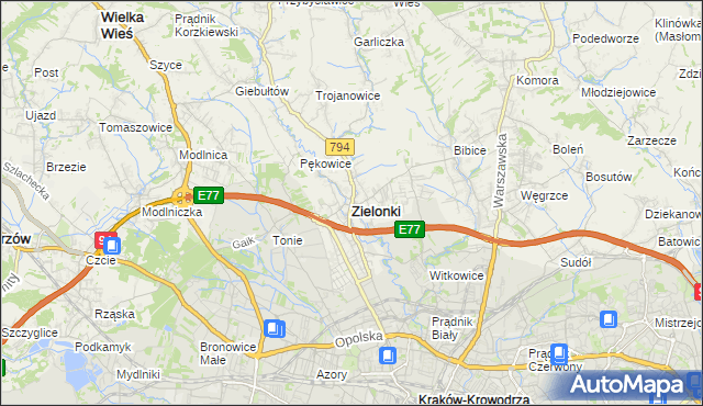 mapa Zielonki powiat krakowski, Zielonki powiat krakowski na mapie Targeo