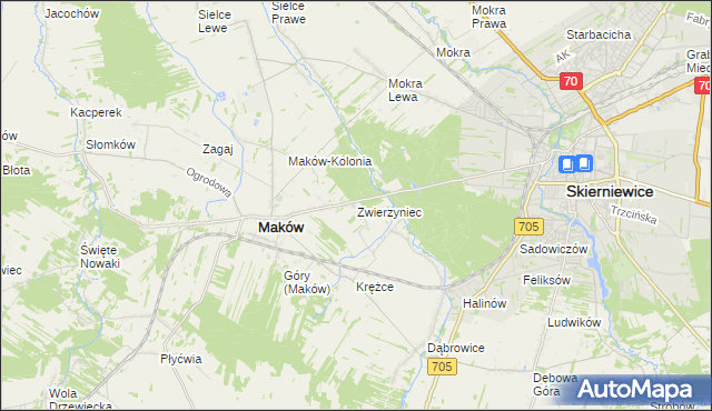 mapa Zwierzyniec gmina Maków, Zwierzyniec gmina Maków na mapie Targeo