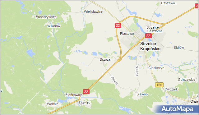 mapa Brzoza gmina Strzelce Krajeńskie, Brzoza gmina Strzelce Krajeńskie na mapie Targeo