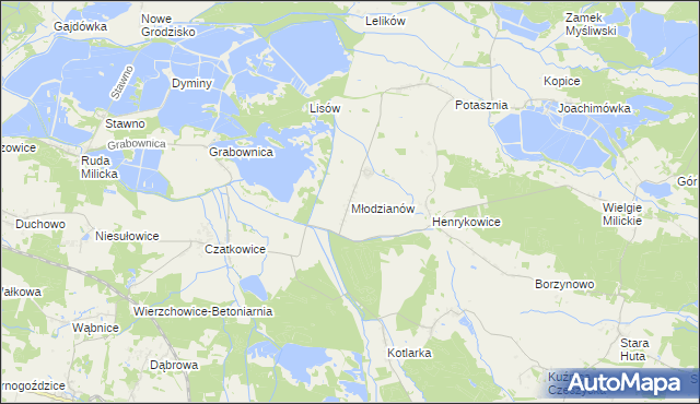 mapa Młodzianów gmina Milicz, Młodzianów gmina Milicz na mapie Targeo