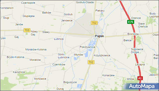 mapa Pokrzywnica gmina Piątek, Pokrzywnica gmina Piątek na mapie Targeo