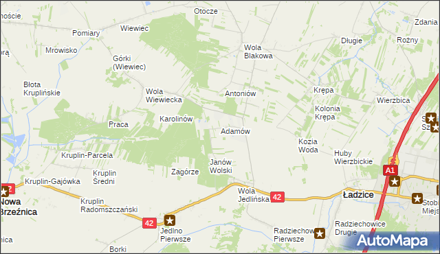 mapa Adamów gmina Ładzice, Adamów gmina Ładzice na mapie Targeo