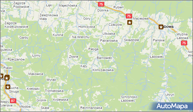 mapa Barnowiec gmina Łabowa, Barnowiec gmina Łabowa na mapie Targeo
