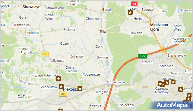 mapa Brynica gmina Piekoszów, Brynica gmina Piekoszów na mapie Targeo
