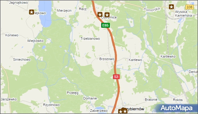 mapa Brzozowo gmina Przybiernów, Brzozowo gmina Przybiernów na mapie Targeo