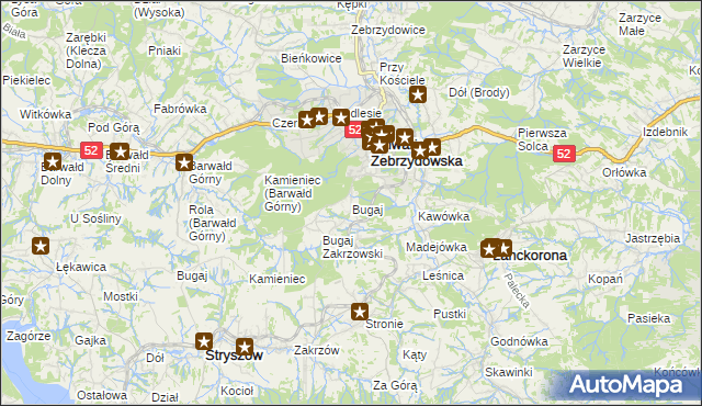 mapa Bugaj gmina Kalwaria Zebrzydowska, Bugaj gmina Kalwaria Zebrzydowska na mapie Targeo