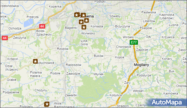 mapa Buków gmina Mogilany, Buków gmina Mogilany na mapie Targeo