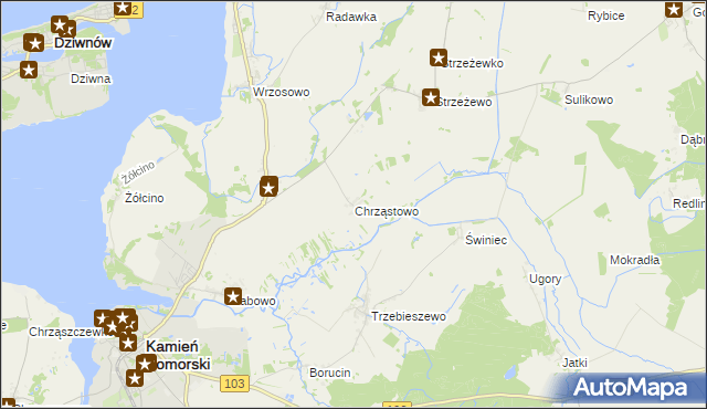 mapa Chrząstowo gmina Kamień Pomorski, Chrząstowo gmina Kamień Pomorski na mapie Targeo