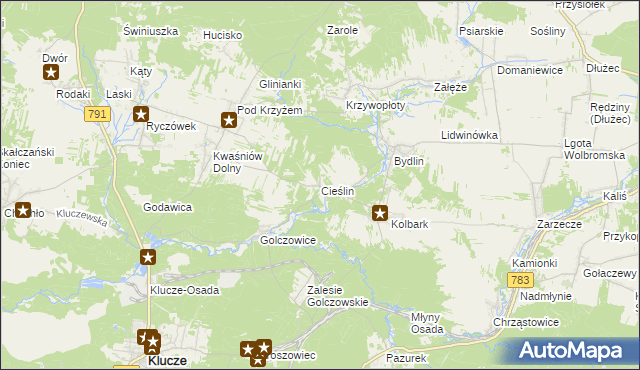 mapa Cieślin gmina Klucze, Cieślin gmina Klucze na mapie Targeo