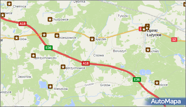 mapa Cisowa gmina Lipinki Łużyckie, Cisowa gmina Lipinki Łużyckie na mapie Targeo
