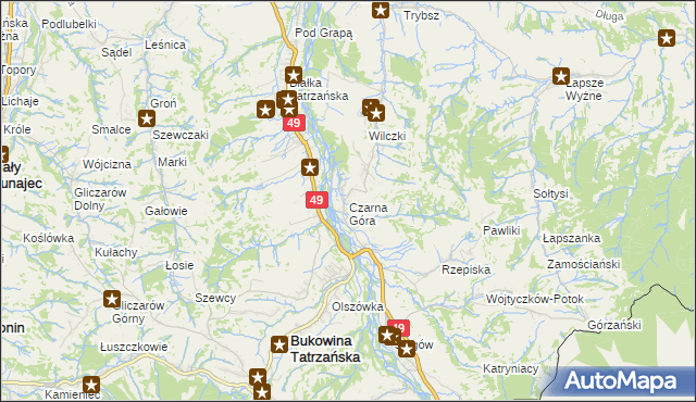 mapa Czarna Góra gmina Bukowina Tatrzańska, Czarna Góra gmina Bukowina Tatrzańska na mapie Targeo