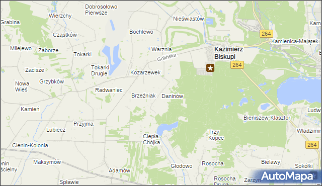 mapa Daninów gmina Kazimierz Biskupi, Daninów gmina Kazimierz Biskupi na mapie Targeo