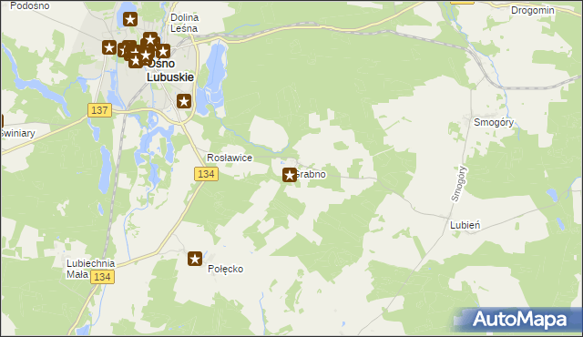 mapa Grabno gmina Ośno Lubuskie, Grabno gmina Ośno Lubuskie na mapie Targeo