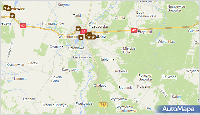 mapa Jabłonna gmina Przedbórz, Jabłonna gmina Przedbórz na mapie Targeo