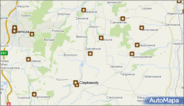 mapa Jakubów gmina Ciepłowody, Jakubów gmina Ciepłowody na mapie Targeo